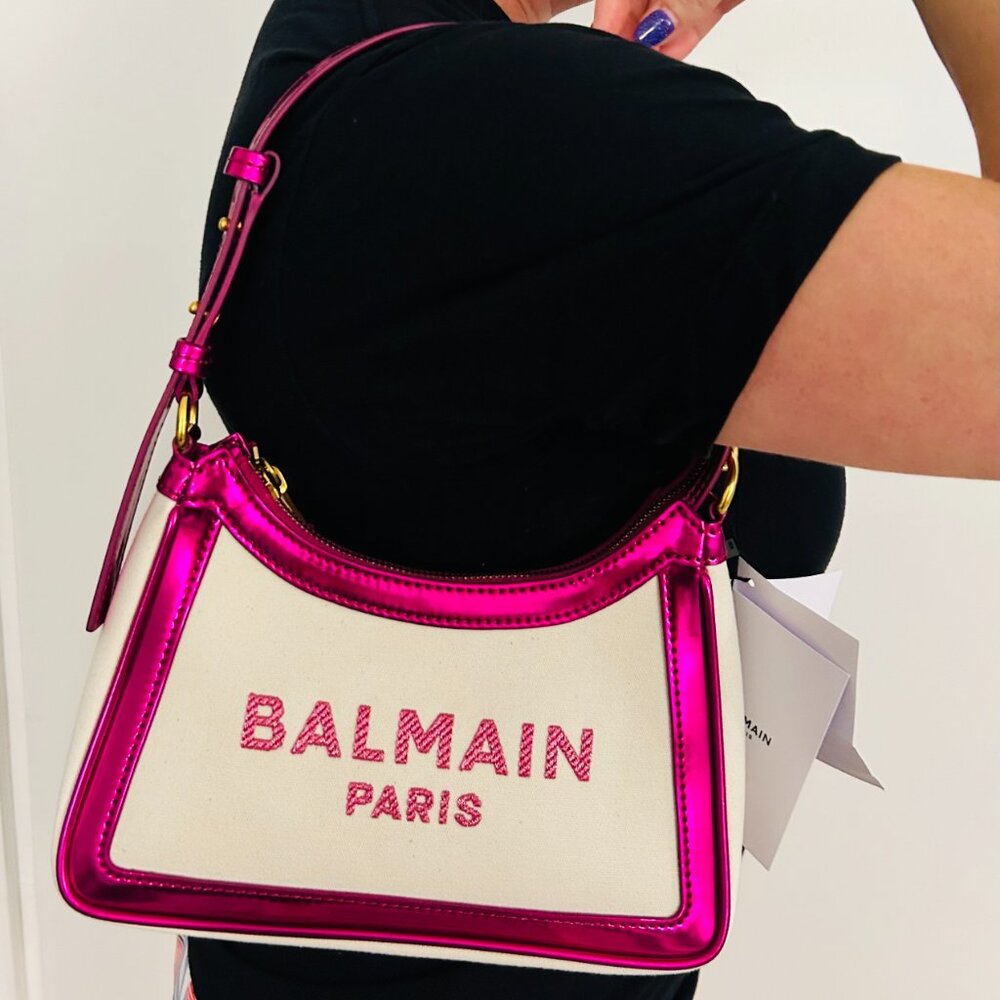Balmain B-Army Shoulder canvas leather metallic pink bag NWT